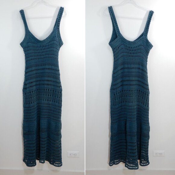 VINCE Lace Crochet Knit Midi DRESS Size L Teal Green Cotton Blend NEW $525 - Picture 7 of 9